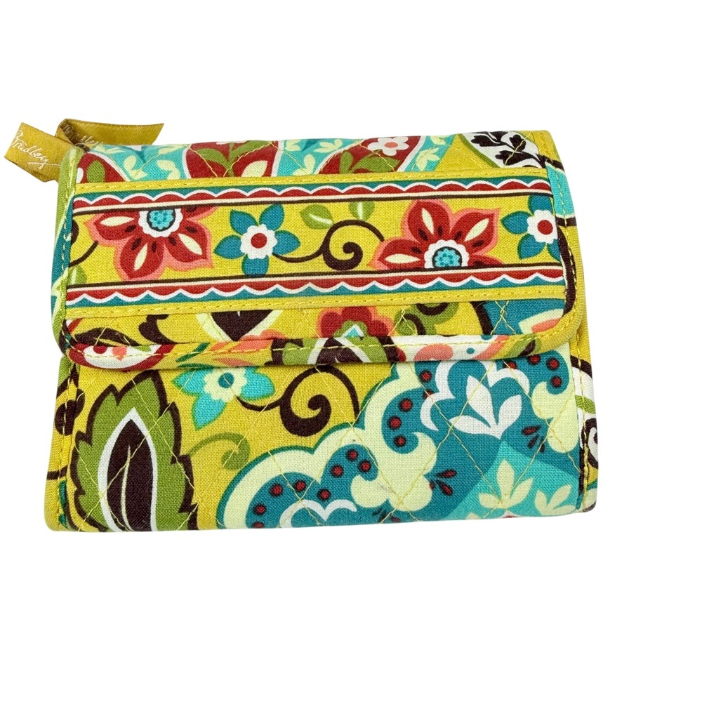 Vera Bradley Sun Valley Quilted Cotton Trifold Wallet Yellow Floral Paisley